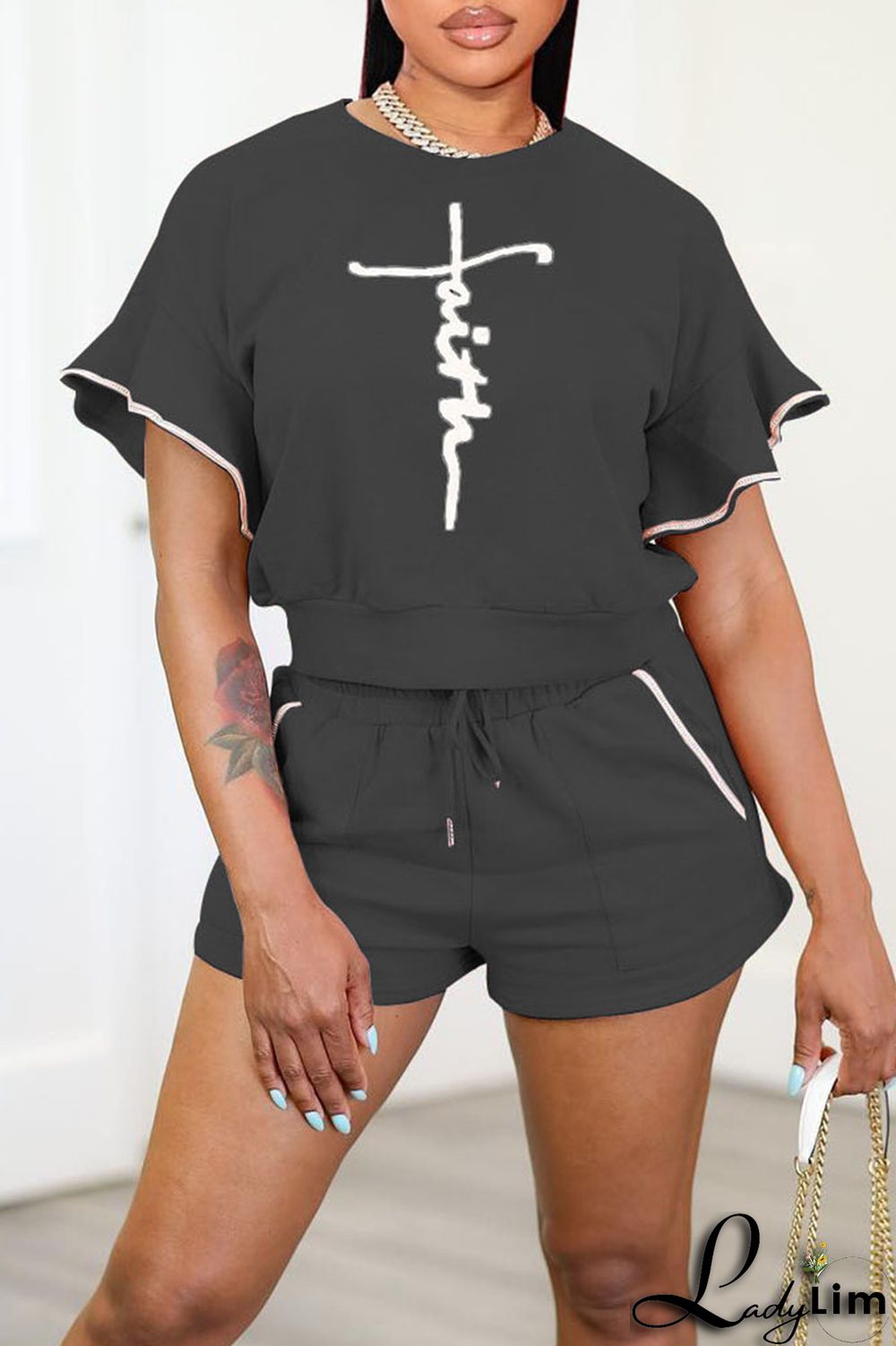 Blue Casual Print Split Joint O Neck Short Sleeve Two Pieces