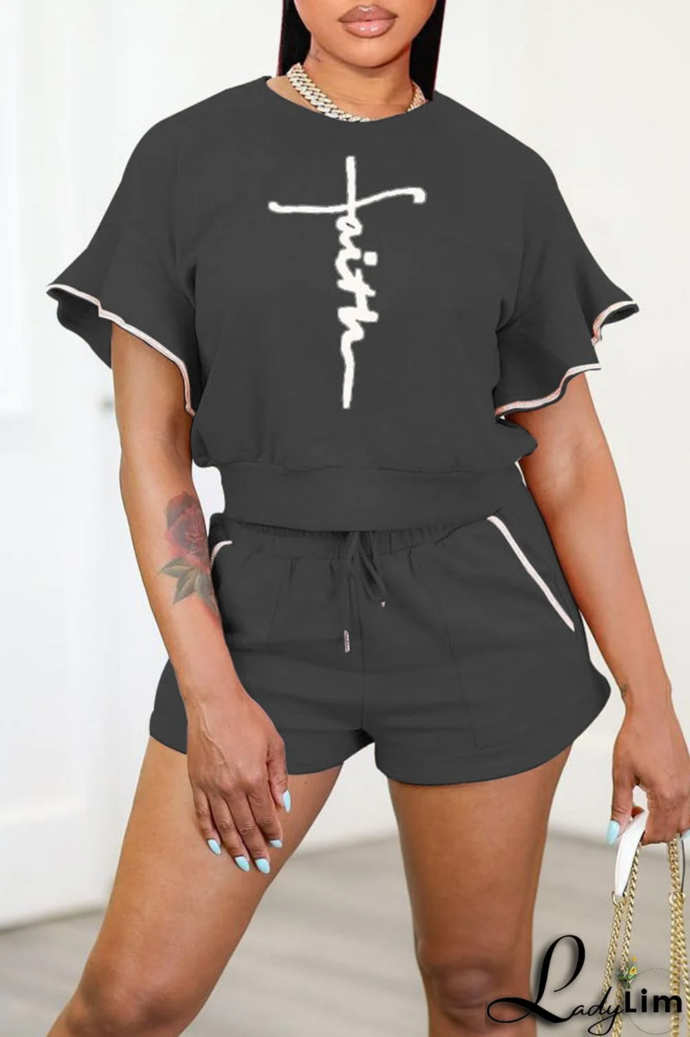 Blue Casual Print Split Joint O Neck Short Sleeve Two Pieces