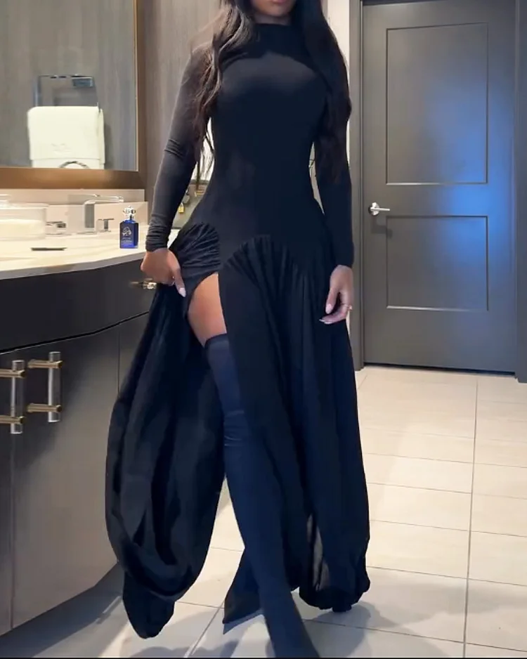 Long sleeve solid color waist dress