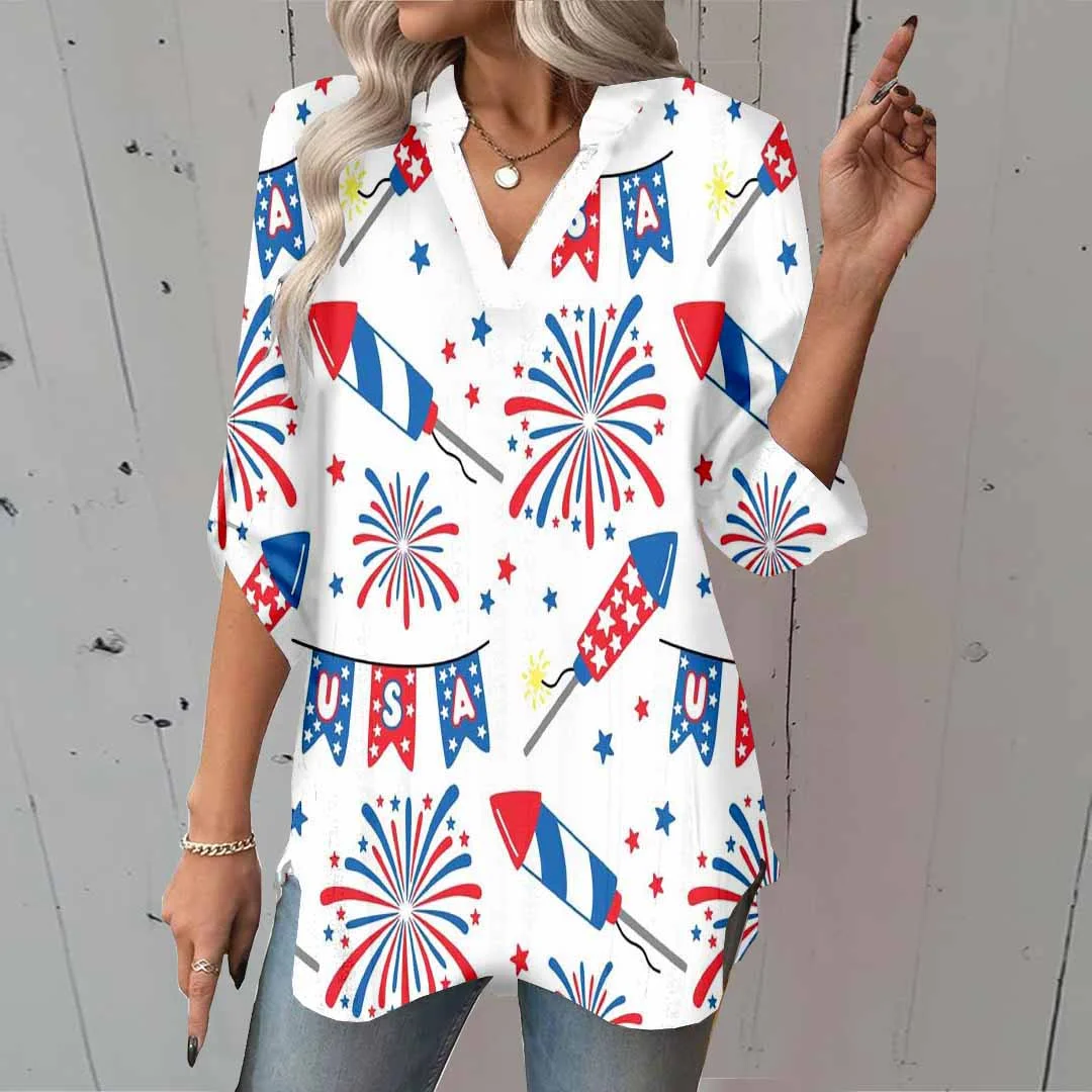 Women  Independence Day, Star, Striped, Blue, Red DZGA0225 3/4 Sleeve V-neck Printed Graphic Button Tops