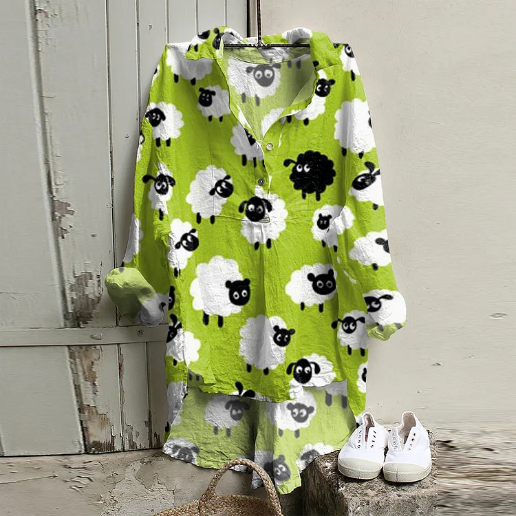 Sheep Print Lapel Casual Shirt