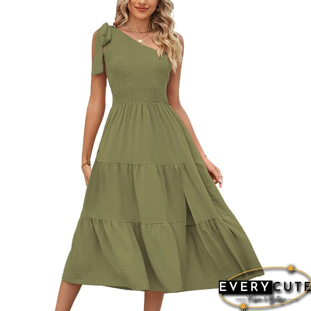 Green One-shoulder Layered Casual Dress with Slit