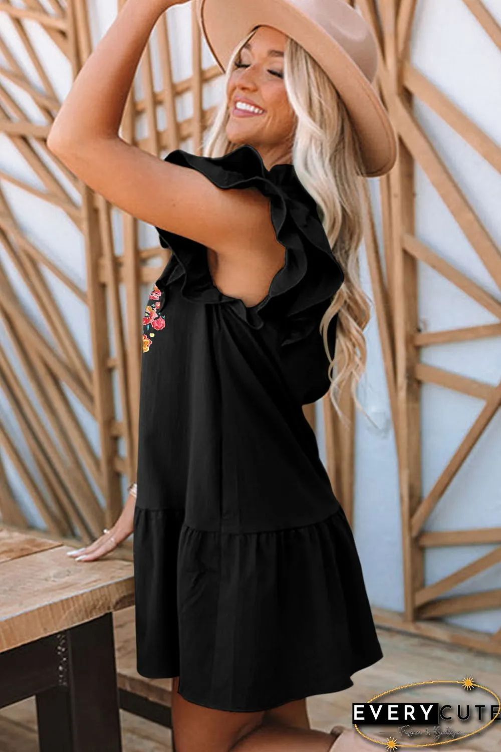 Black Floral Embroidered Ruffle Sleeve Shift Dress