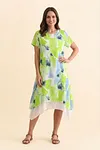 Front view of dynamic lime green and azure abstract splash print sleeveless midi dress