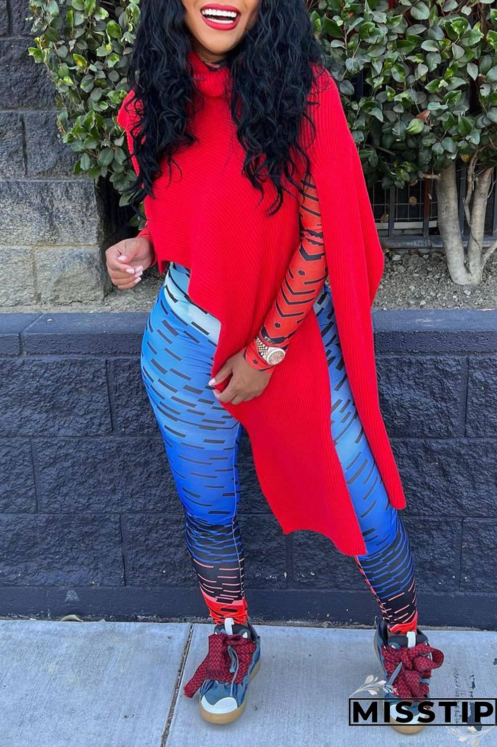 Red Street Solid Patchwork Slit Asymmetrical Turtleneck Tops