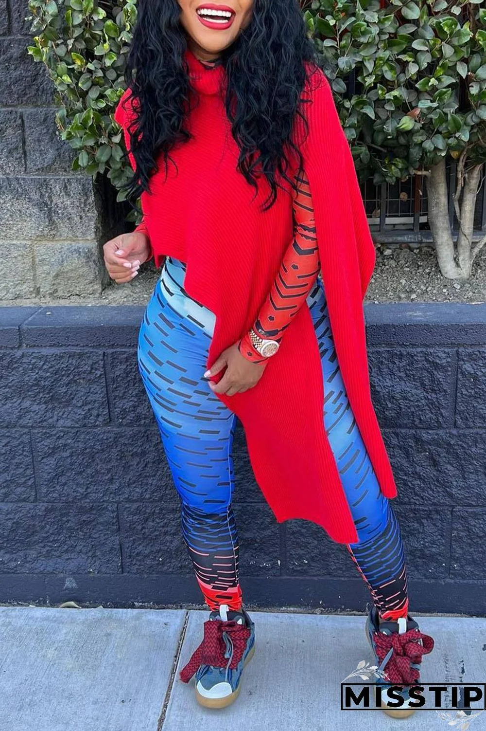 Red Street Solid Patchwork Slit Asymmetrical Turtleneck Tops