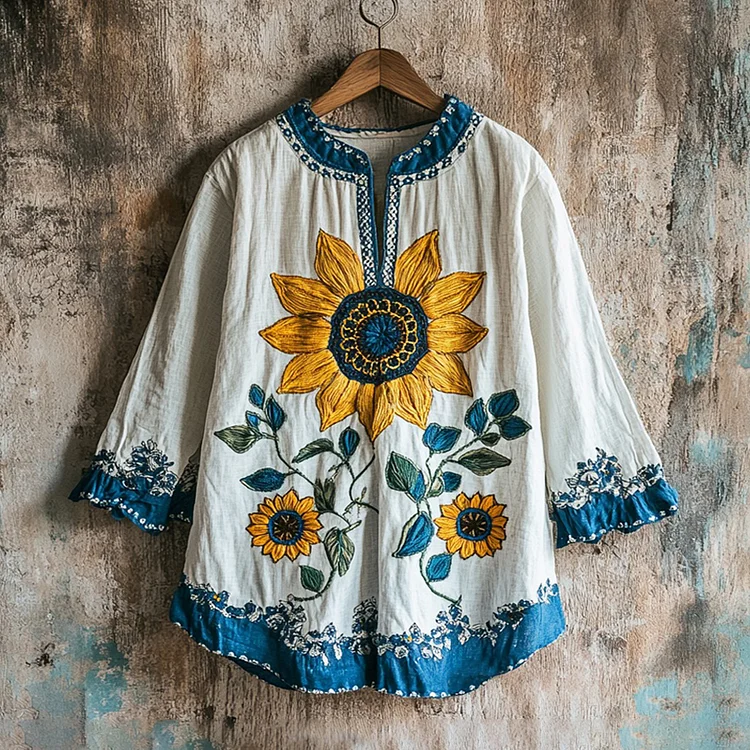 Utbros Vintage Sunflower Embroidery Casual V-neck Blouse
