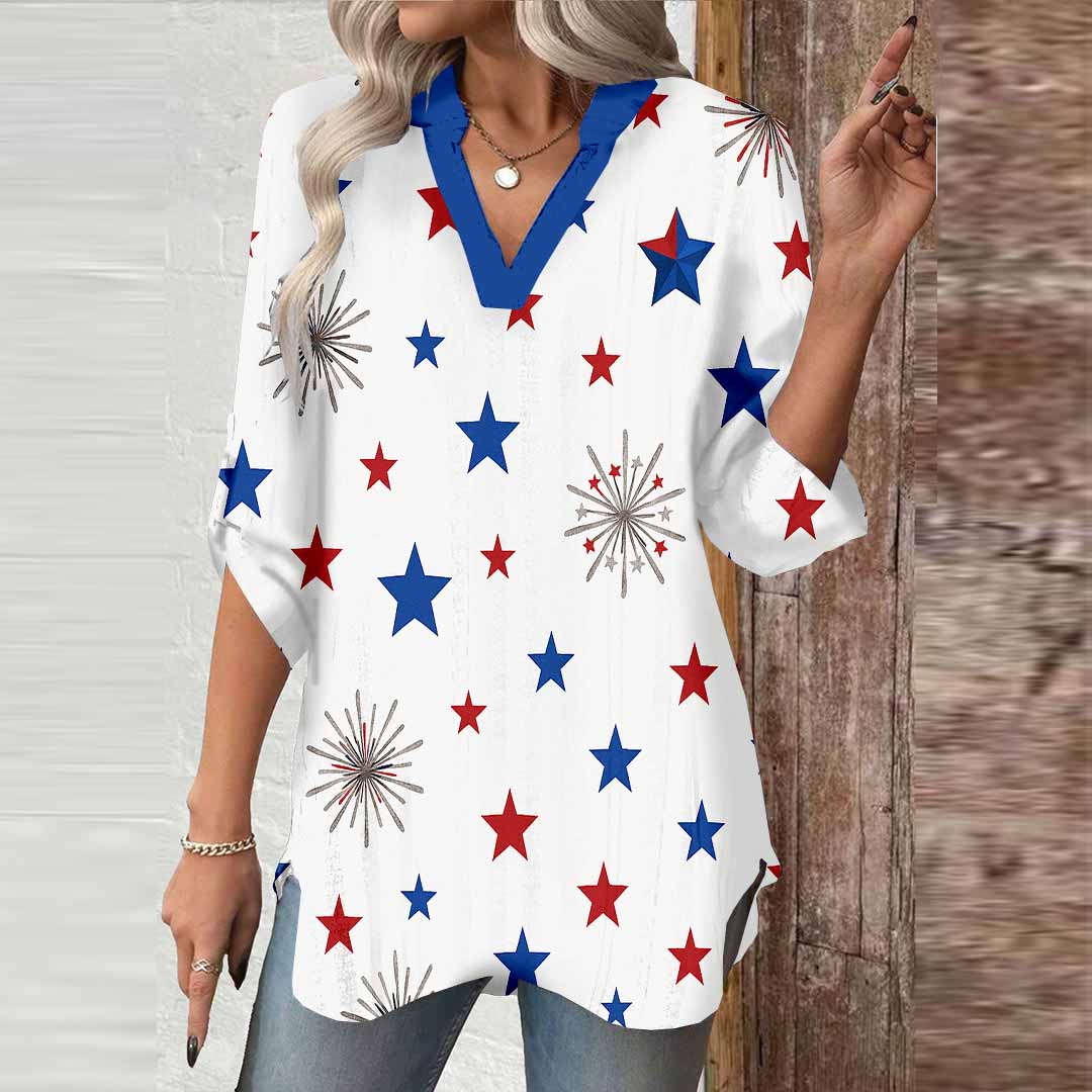 Women  Independence Day, Star, Striped, Blue, Red DZGA0227 3/4 Sleeve V-neck Printed Graphic Button Tops