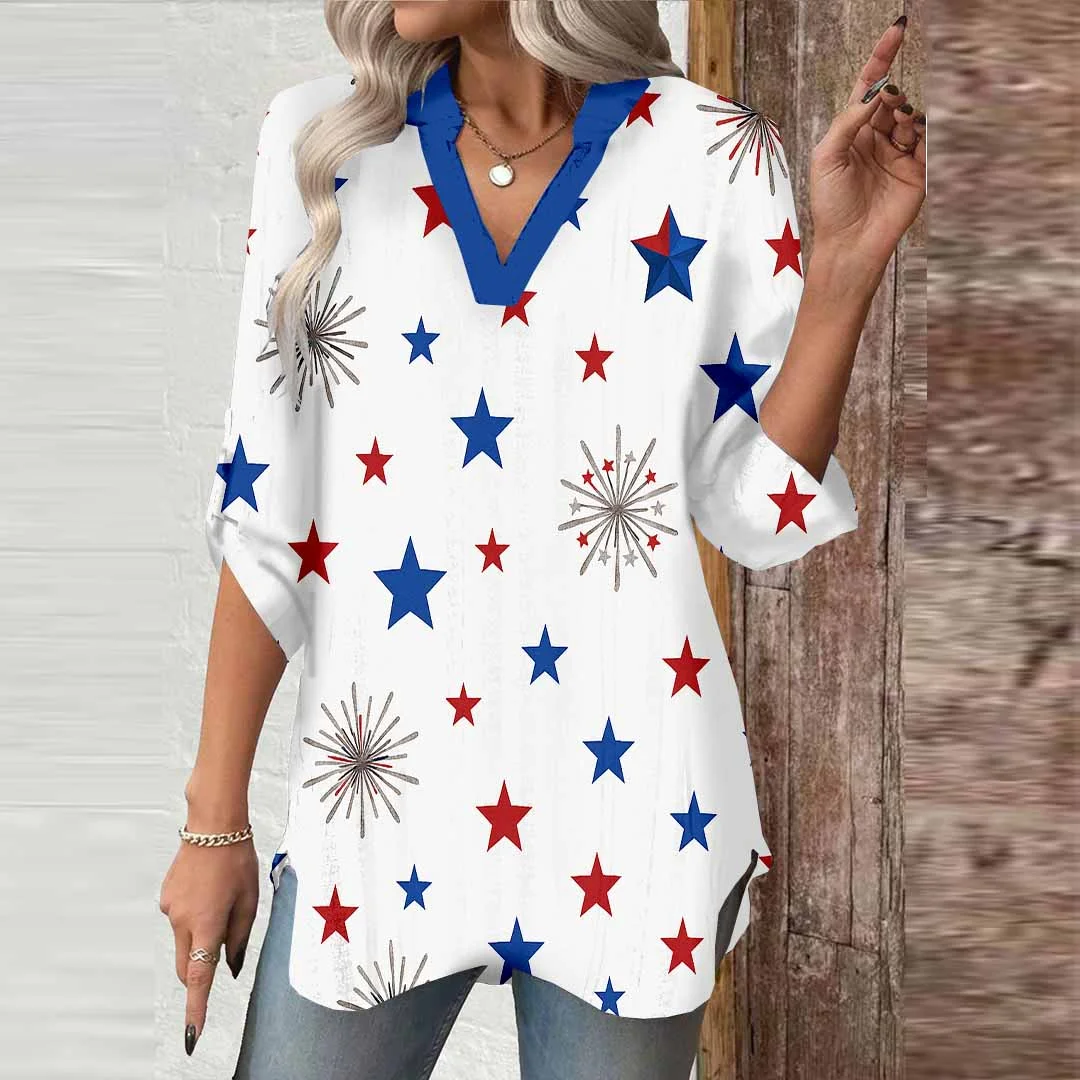 Women  Independence Day, Star, Striped, Blue, Red DZGA0227 3/4 Sleeve V-neck Printed Graphic Button Tops