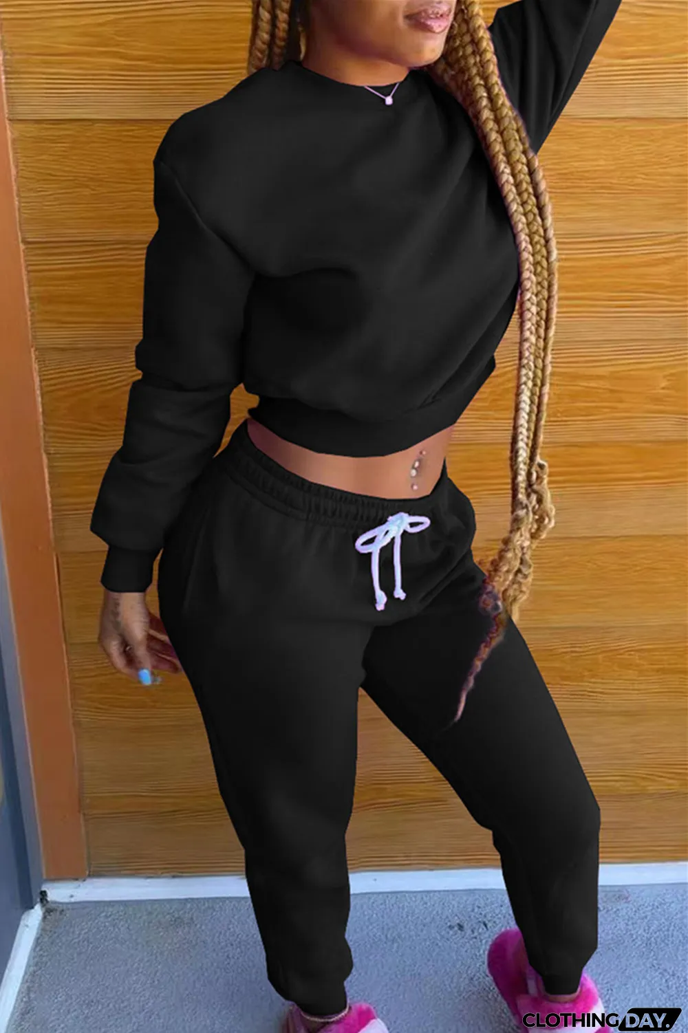 Black Fashion Casual Solid Hot Drill O Neck Long Sleeve Two Pieces