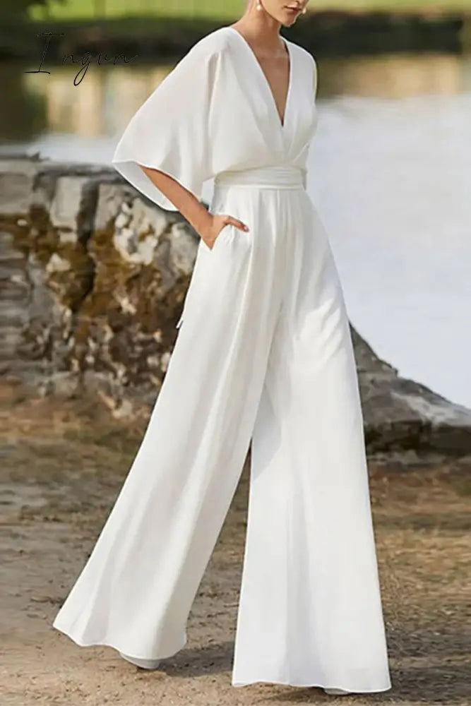 Ingvn - Elegant Solid Color V Neck Boot Cut Jumpsuits(7 Colors) White / S Jumpsuits &