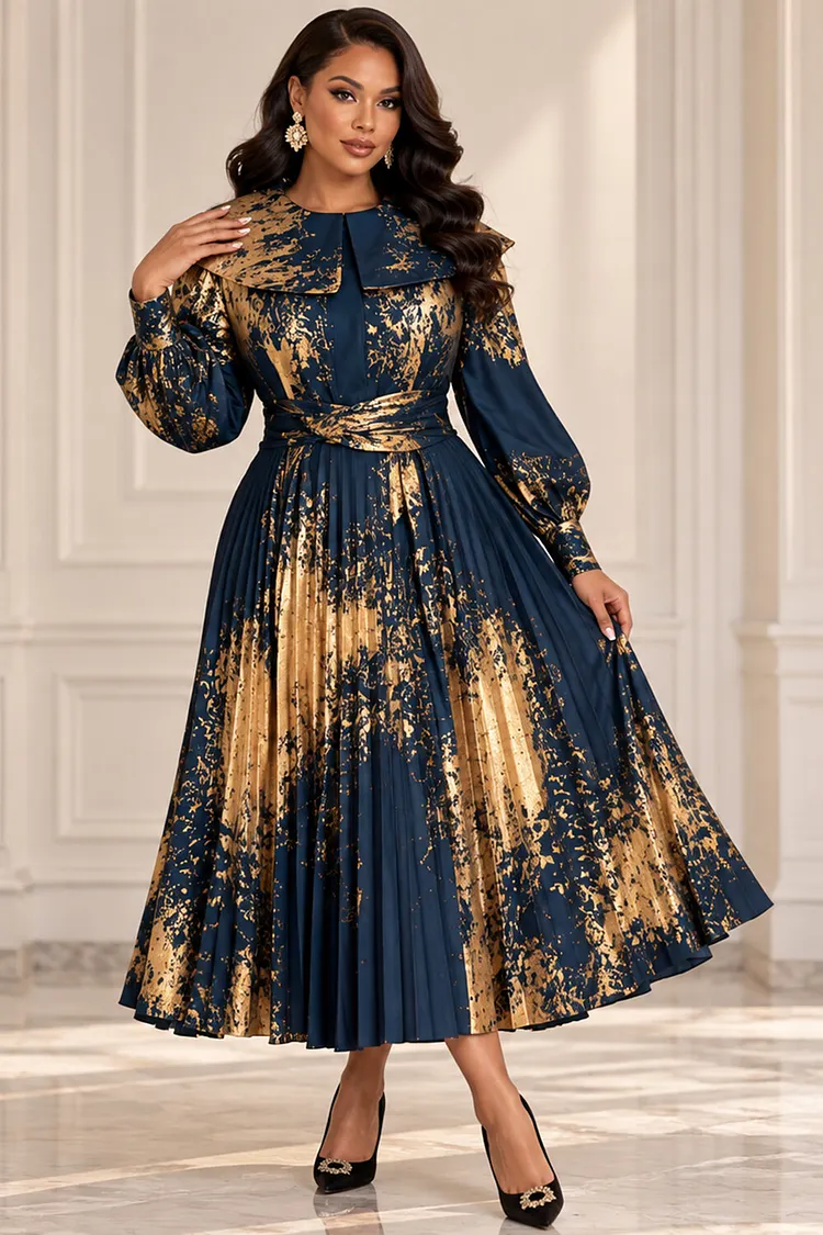 Xpluswear Design Plus Size Churchs Navy Blue Graphic Round Neck Long Sleeve Pocket Midi Dresses [Pre-Order] 2024 - Xpluswear