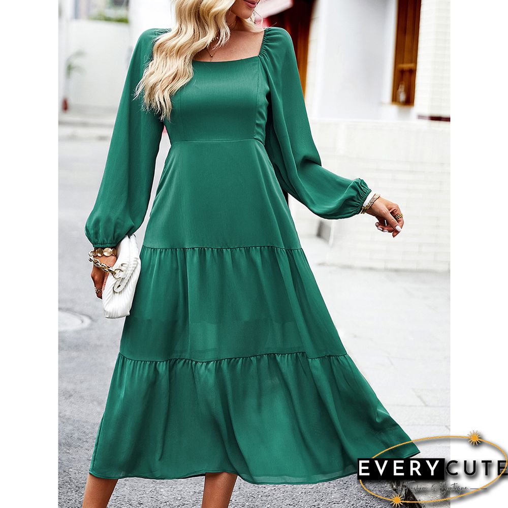 Green Solid Square Neck Pocket Long Sleeve Dress