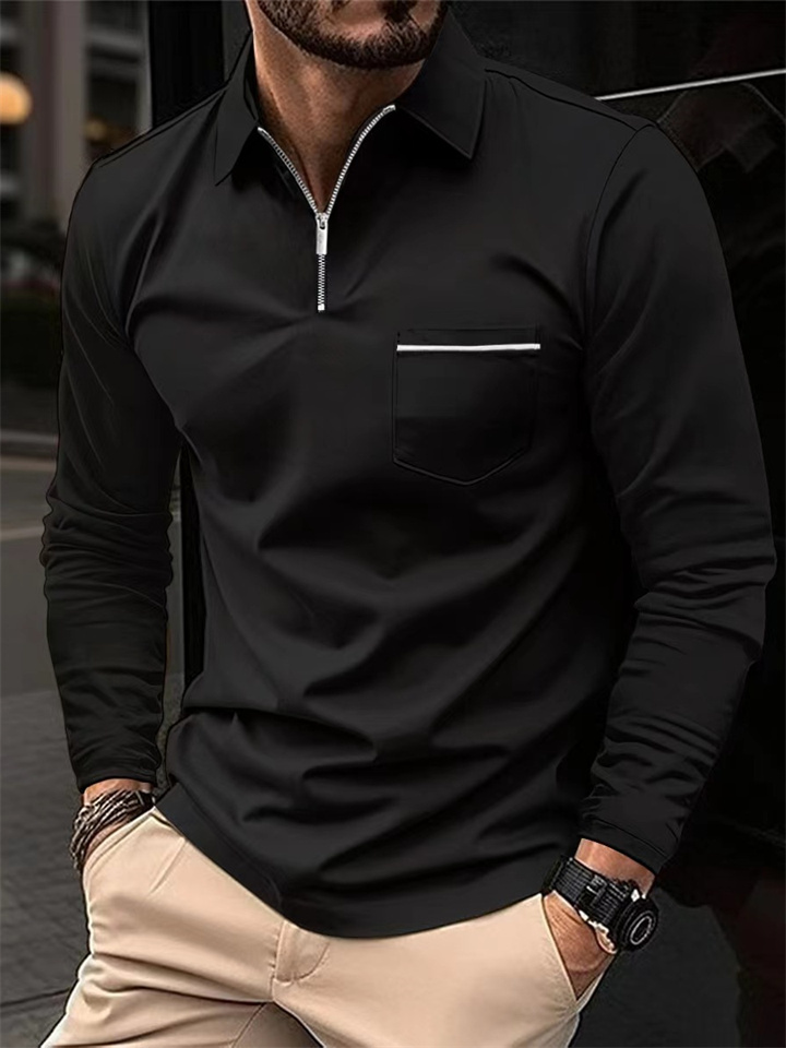 Autumn POLO Shirt Zipper Pocket Decoration Men's Solid Color Casual Loose Type Long-sleeved Sports Polo Shirt