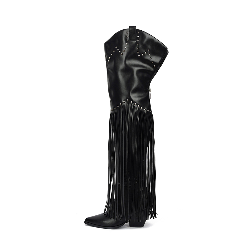 Black Faux Leather Block Heel Fringe Studded Thigh Western Boots
