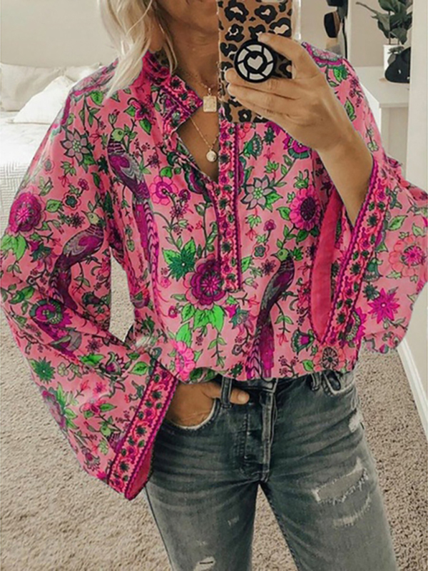 Mature Women Fall & Winter Printed Loose Button Long Sleeve Shirt Top