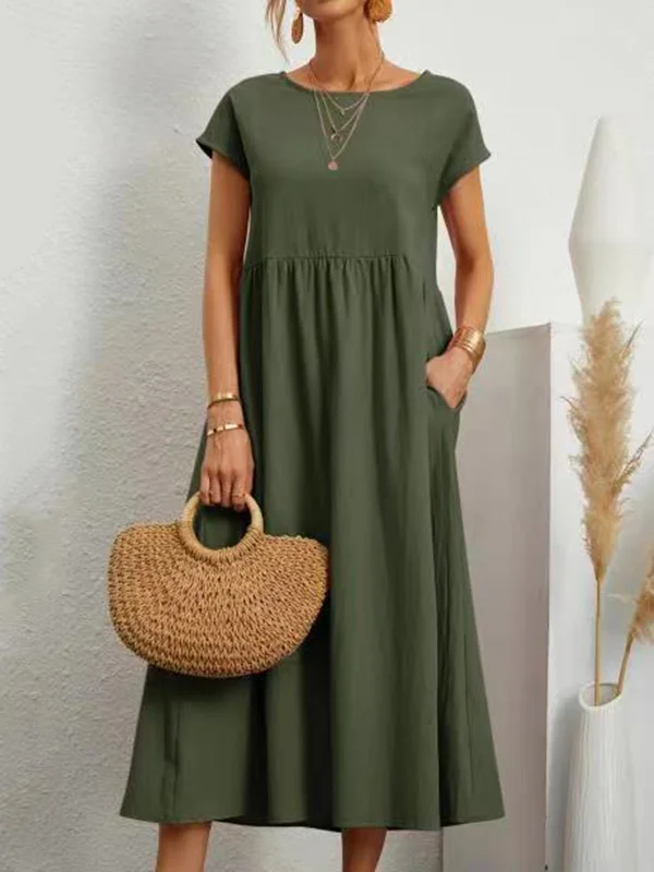 Loose Short Sleeves Pleated Solid Color Round-Neck Midi Dresses
