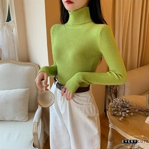 Women's Sweaters Autumn Winter Turtleneck Long Sleeve Casual Knitted Jumper Fashion Slim Elasticity Pullover Sweater Female