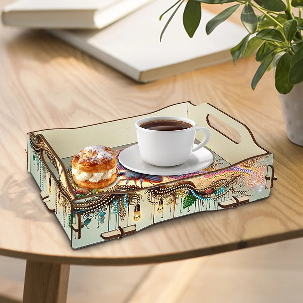 5D DIY Insect Diamond Painting Wooden Serving Tray with Handle for Coffee Table