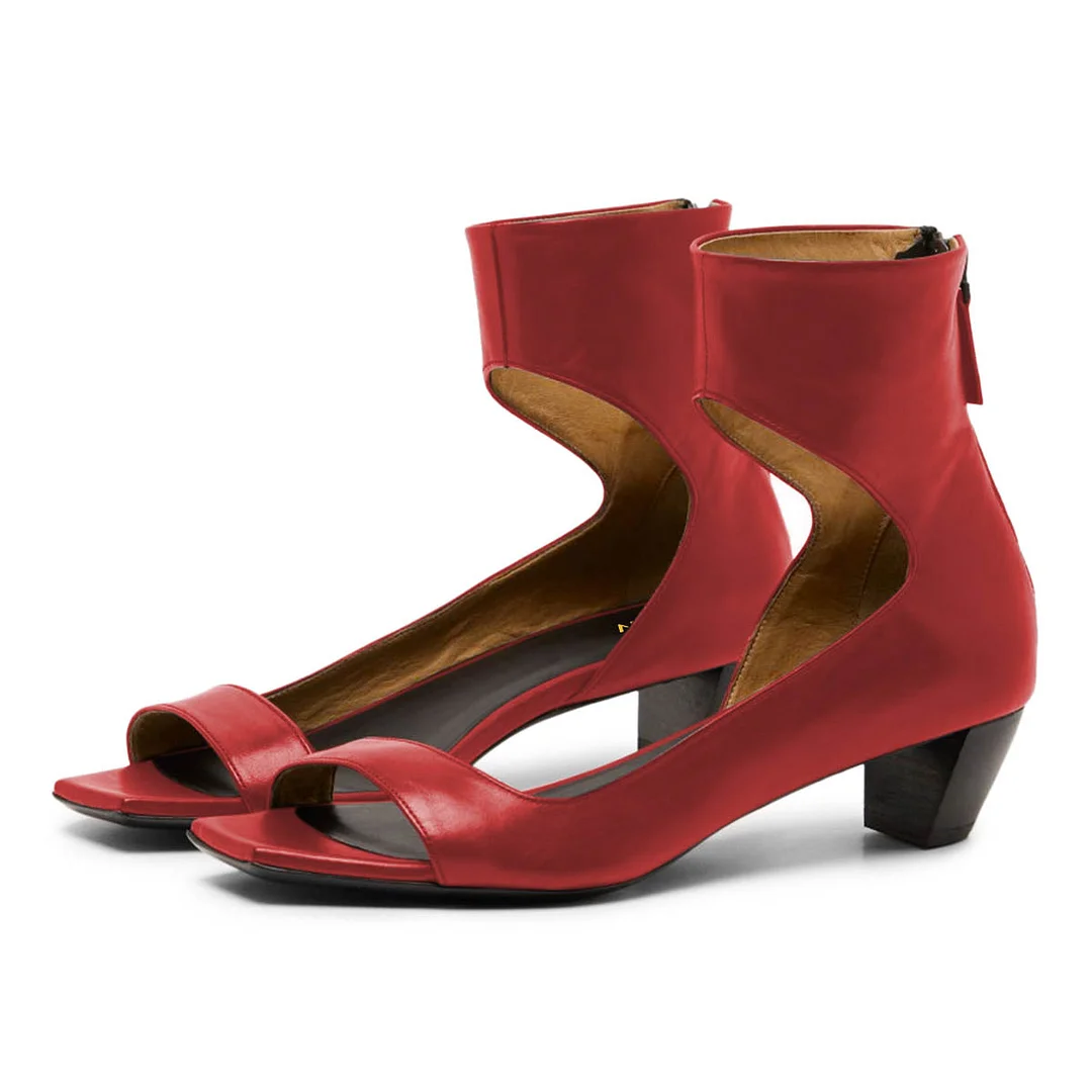 Red Vegan Leather Open Toe Back Zipper Simple Low Heel Sandals