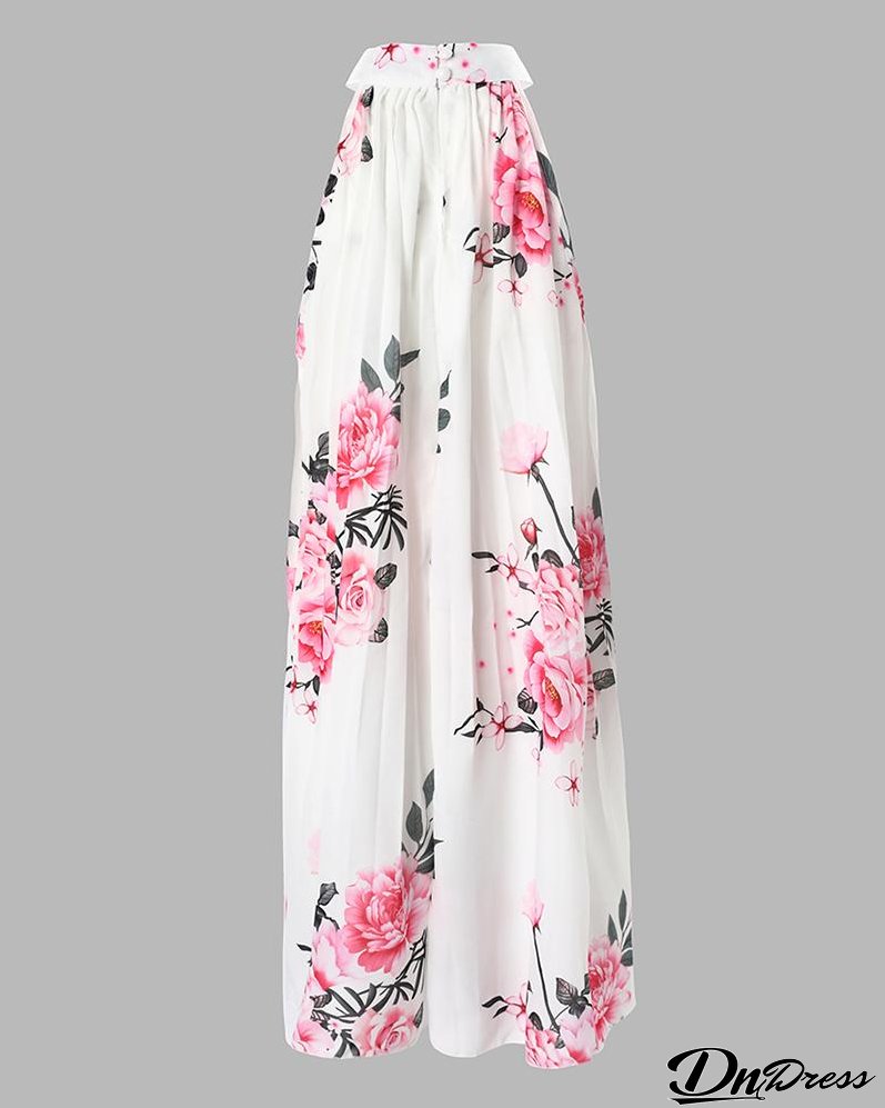 Floral Print Halter Casual Pleated Dress