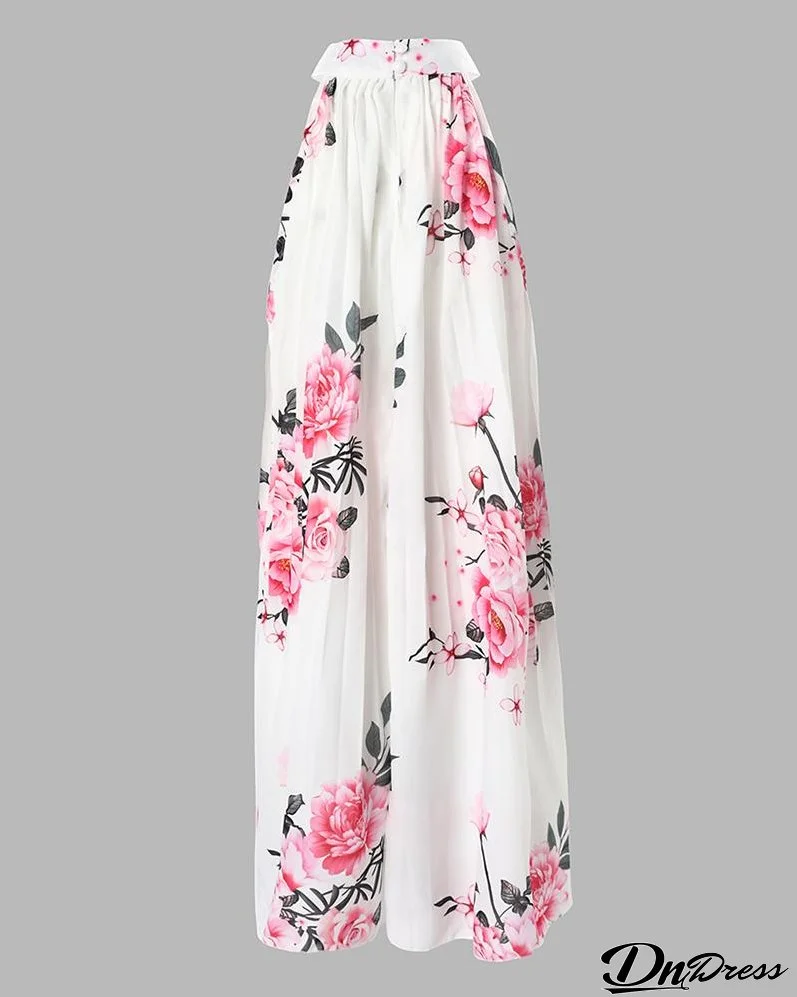 Floral Print Halter Casual Pleated Dress