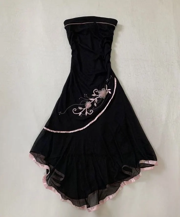 Black tube top embroidered floral long elegant chiffon party dress prom dress evening dress homecoming dress