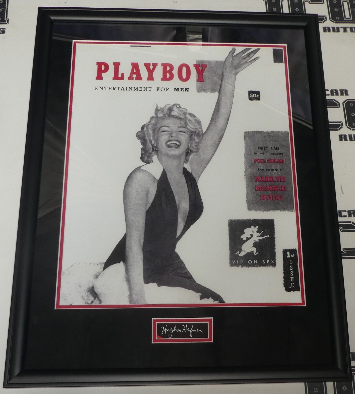 Hugh Hefner Signed Cut Framed with #1 1953 Playboy Magazine 16x20 Photo Poster painting BAS COA