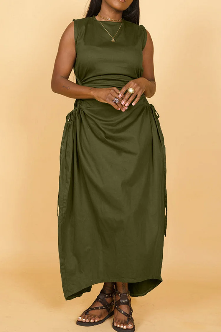 Elegant Solid Hollowed Out Patchwork Draw String High Opening Fold O Neck Long Dress Dresses
