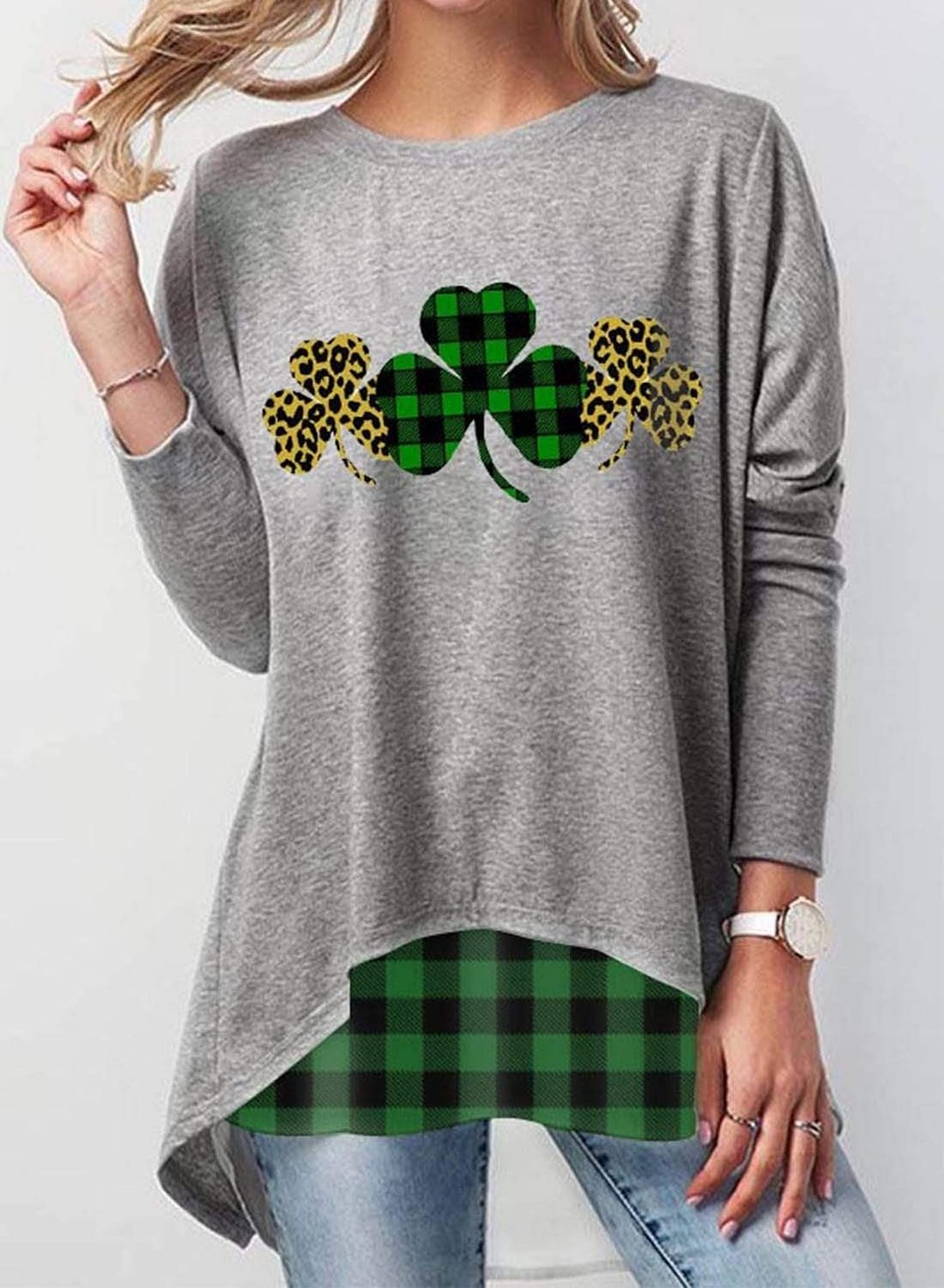 Women's Plaid St. Patrick's Day Sweatshirts Leopard Color Block Tunic ...