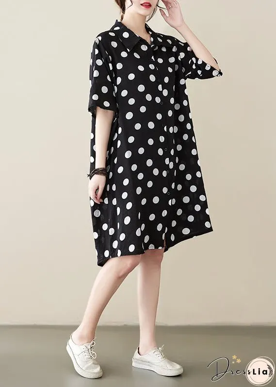 Loose Black Peter Pan Collar Dot Print Cotton Shirts Dress Summer