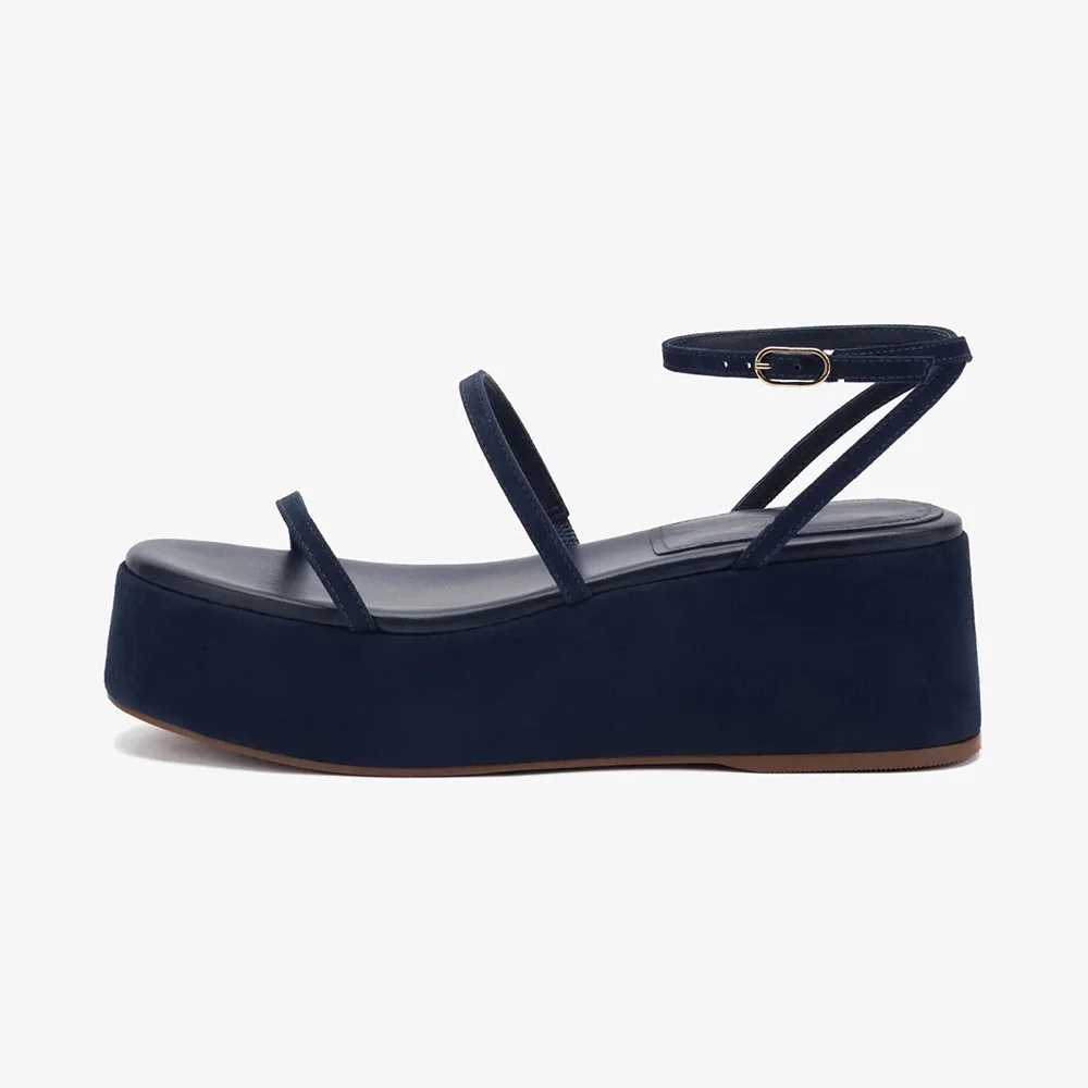 YDN Vegan Suede Open Round Toe Wedge Sandals for Women in Navy