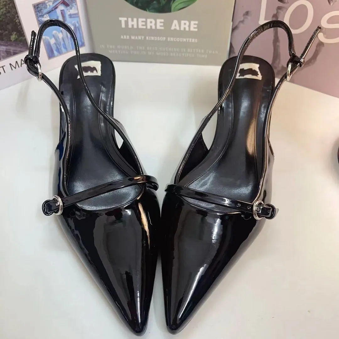 Breakj Breakj 2025 New Patent Leather Fine Heel Sandals With Sharp Head Back Empty Cat Root Muller 4086