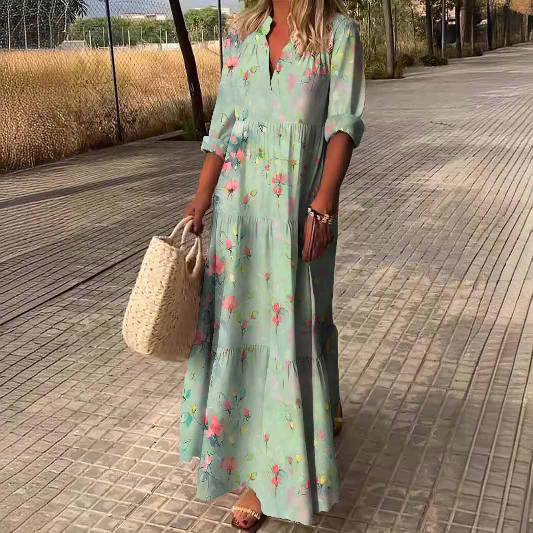 Women Floral, Green DZDN0339 SPU Printed Long Sleeve V-neck Maxi Dress