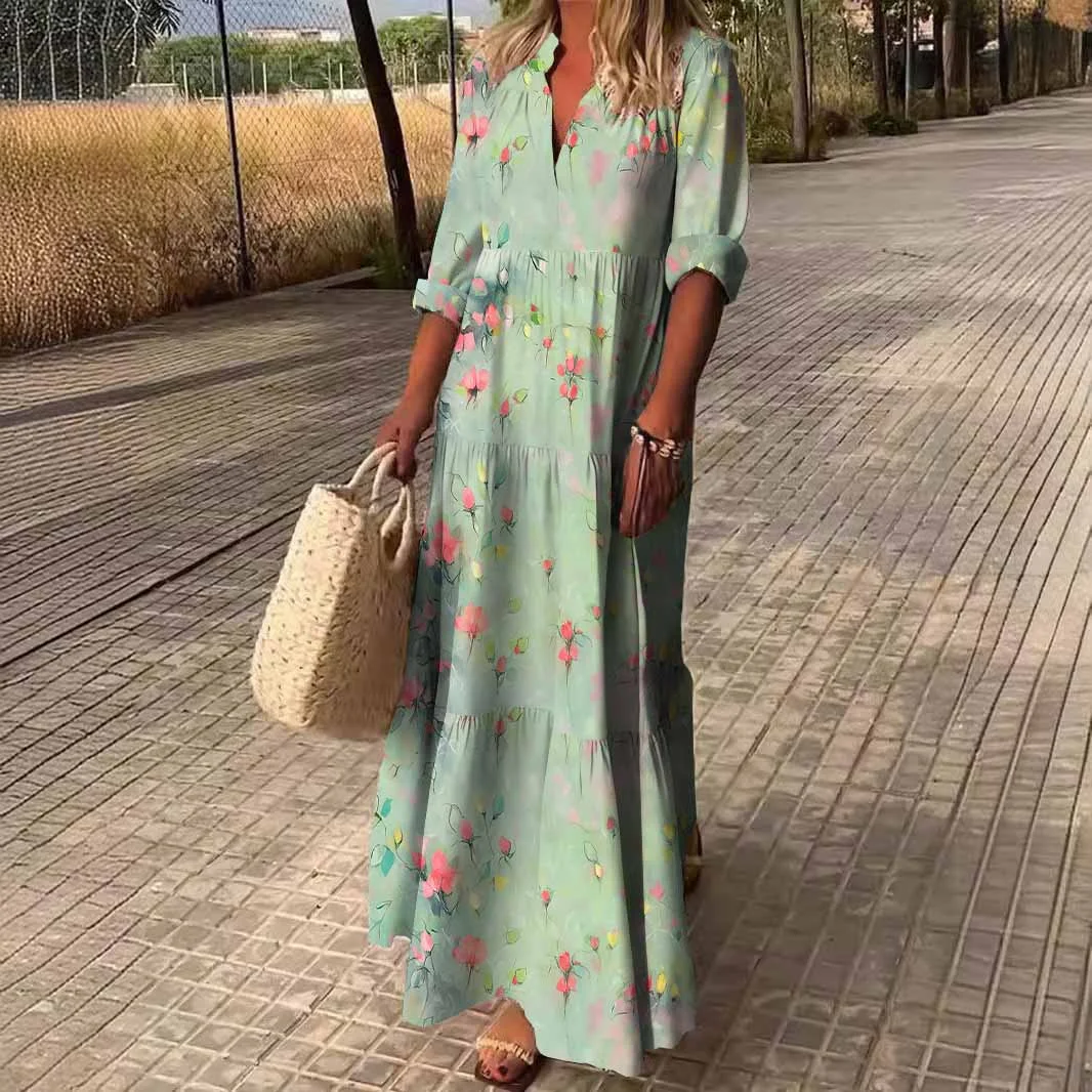 Women Floral, Green DZDN0339 SPU Printed Long Sleeve V-neck Maxi Dress