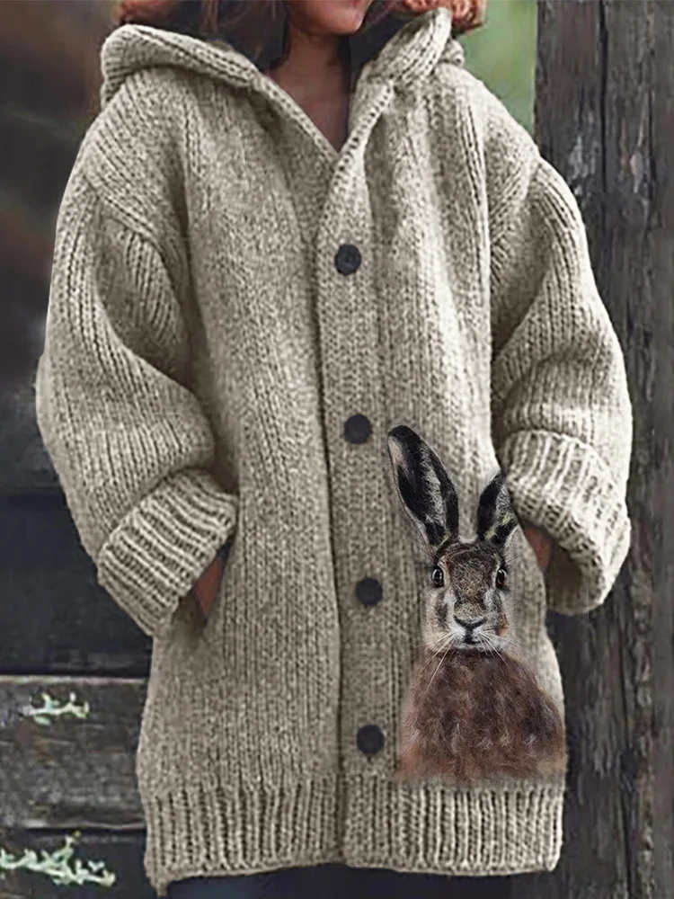 Fuzzy Bunny Felt Art Cozy Knit Hooded Cardigan