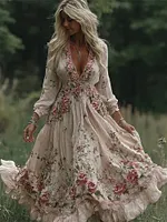 Women's Vintage Pink Floral Art Long Sleeve Maxi Dress