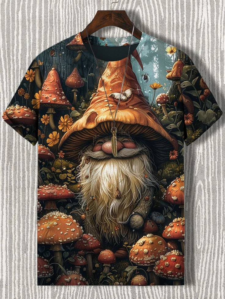 Men's Gnome in Mushrooms Print T-Shirt