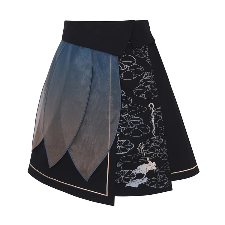 Vintage Cartoon Print Lotus Embroidery Tassel T-Shirt Skirt Set - Modakawa Modakawa