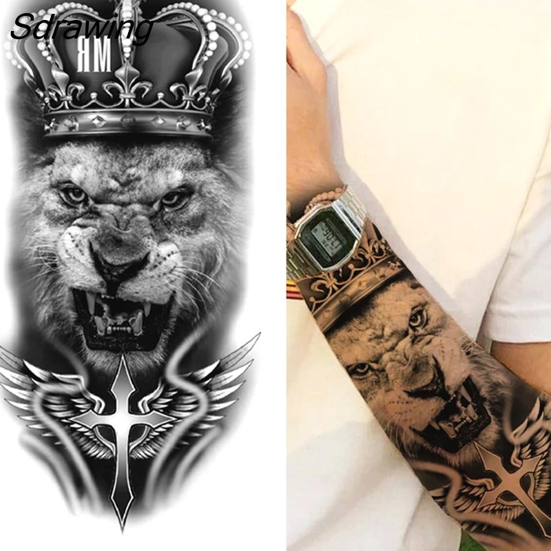 Sdrawing Tiger Temporary Tattoos For Men Women Kids Lion Skull Cross Tattoo Sticker Black Compass Skeleton Tatoos Leg Thigh 328-1