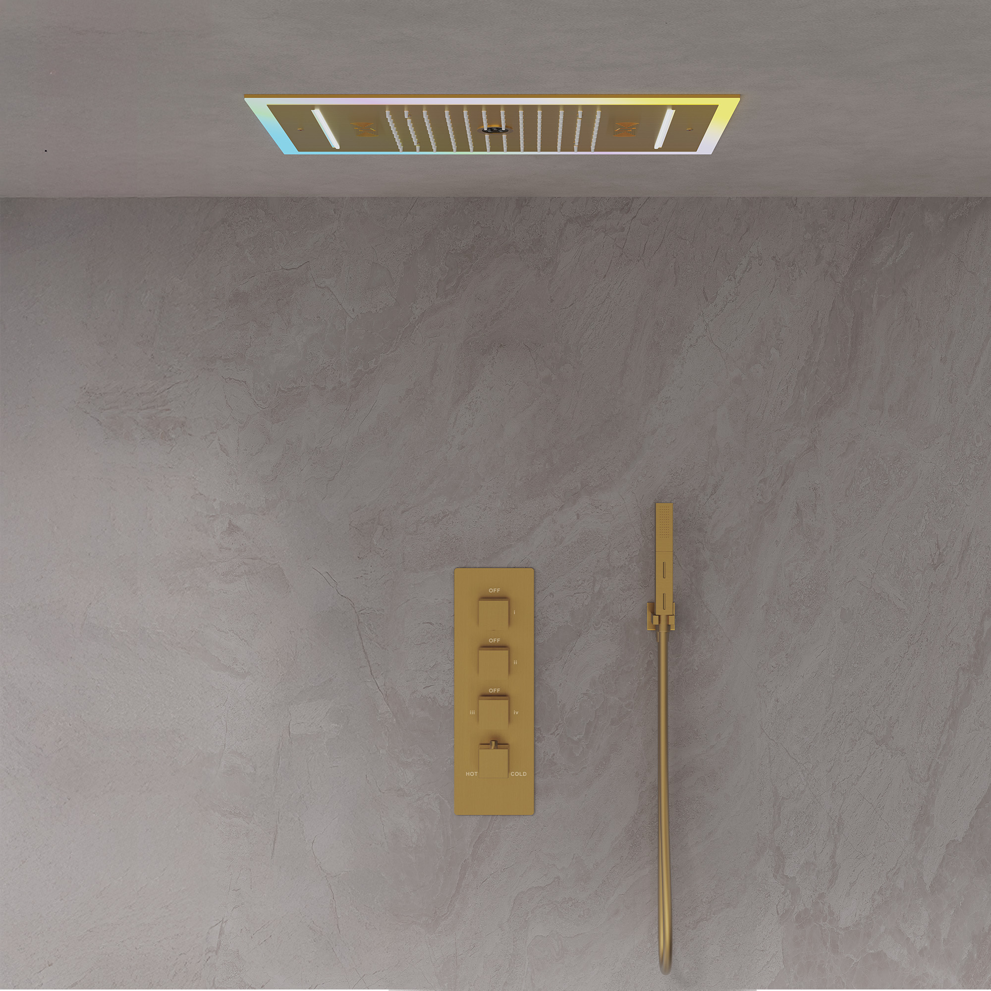 GRANDJOY Brushed Gold Thermostatic Shower System with 25.59 Inch LED Music Triple Function Rain Waterfall Rotating Massage Shower Head, 2-Function Handheld Spray Gun, Adjustable Slide Bar, Wall Mounted Shower Faucet Set with Valve