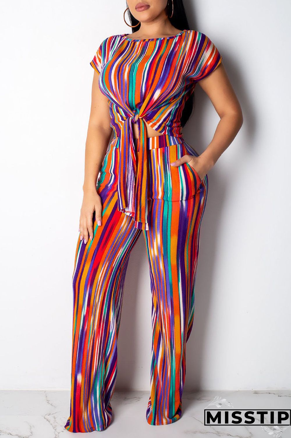 Multicolor Casual Street Striped Print Bandage Patchwork O Neck Short Sleeve Two Pieces