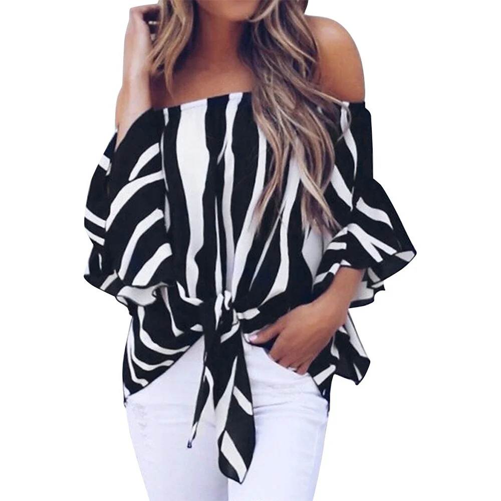 Off-Shoulder Summer Stripe Tops and Blouse Women Slash Neck  Shirt Half Sleeve Causal Blusa Office Lady Work Shirts D30