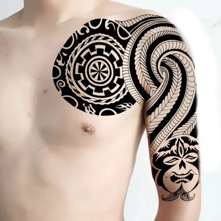 New Waterproof Tattoo Sticker Male Half Shoulder Dragon Totem Breastplate Flame Flower Arm Art Fake Tattoo Black Big Size Tattoo