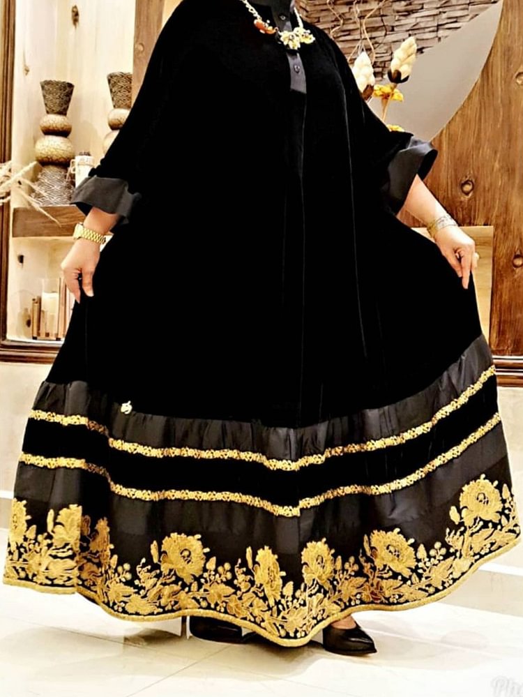 Golden flower black velvet kaftan dress