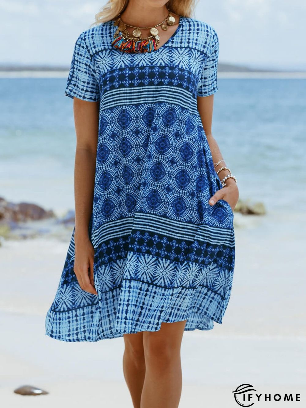 Cotton-Blend Short Sleeve Printed Weaving Dress | IFYHOME