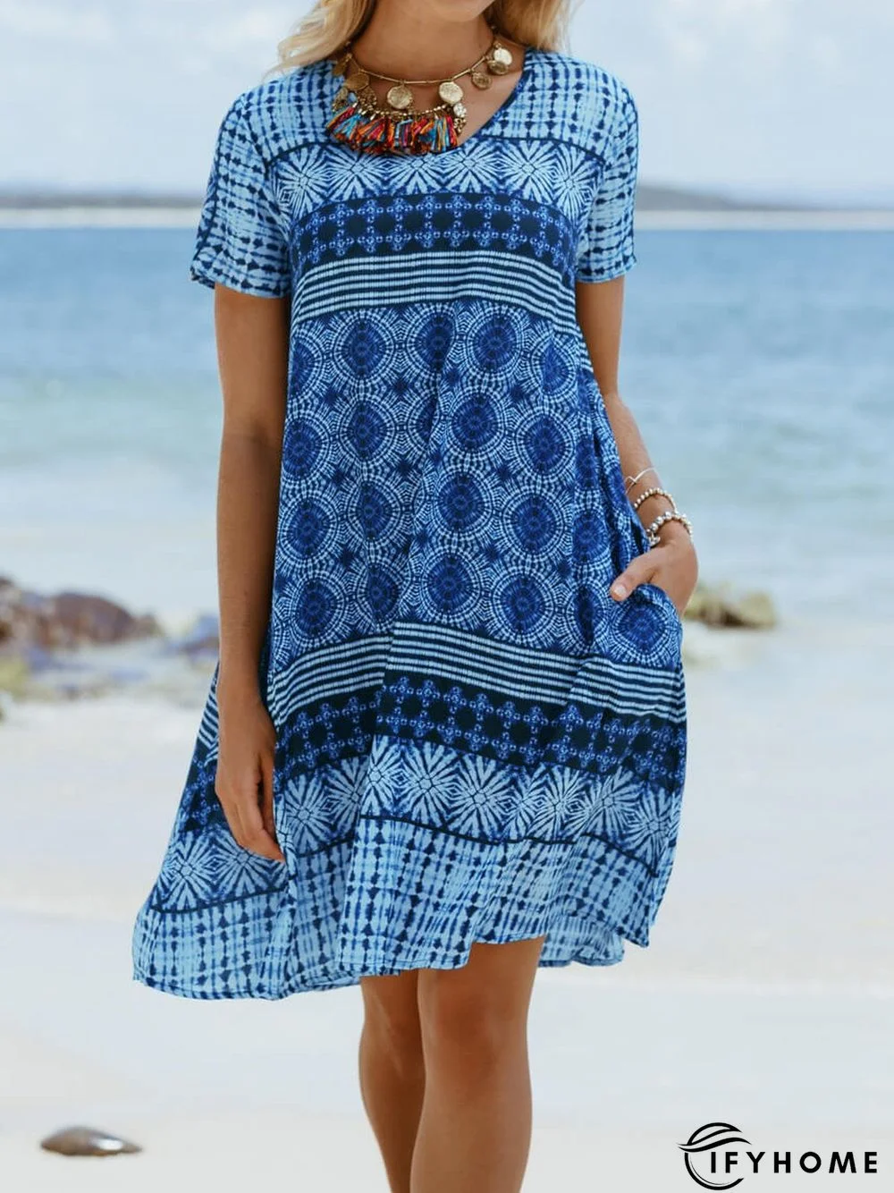 Cotton-Blend Short Sleeve Printed Weaving Dress | IFYHOME