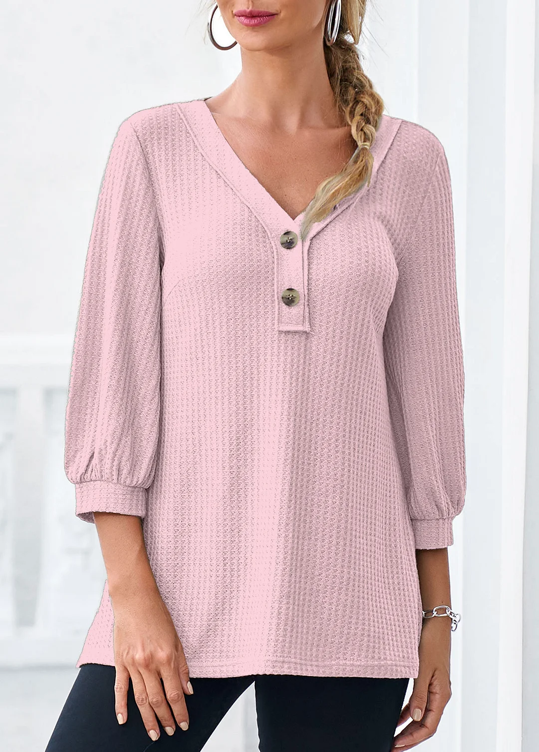 Light Pink Waffle Knit 3/4 Sleeve T Shirt