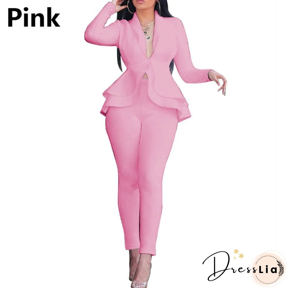 Women's Formal Work Blazer Jacket Pants Business Office Outfits Suit Set Ruffle Solid Color