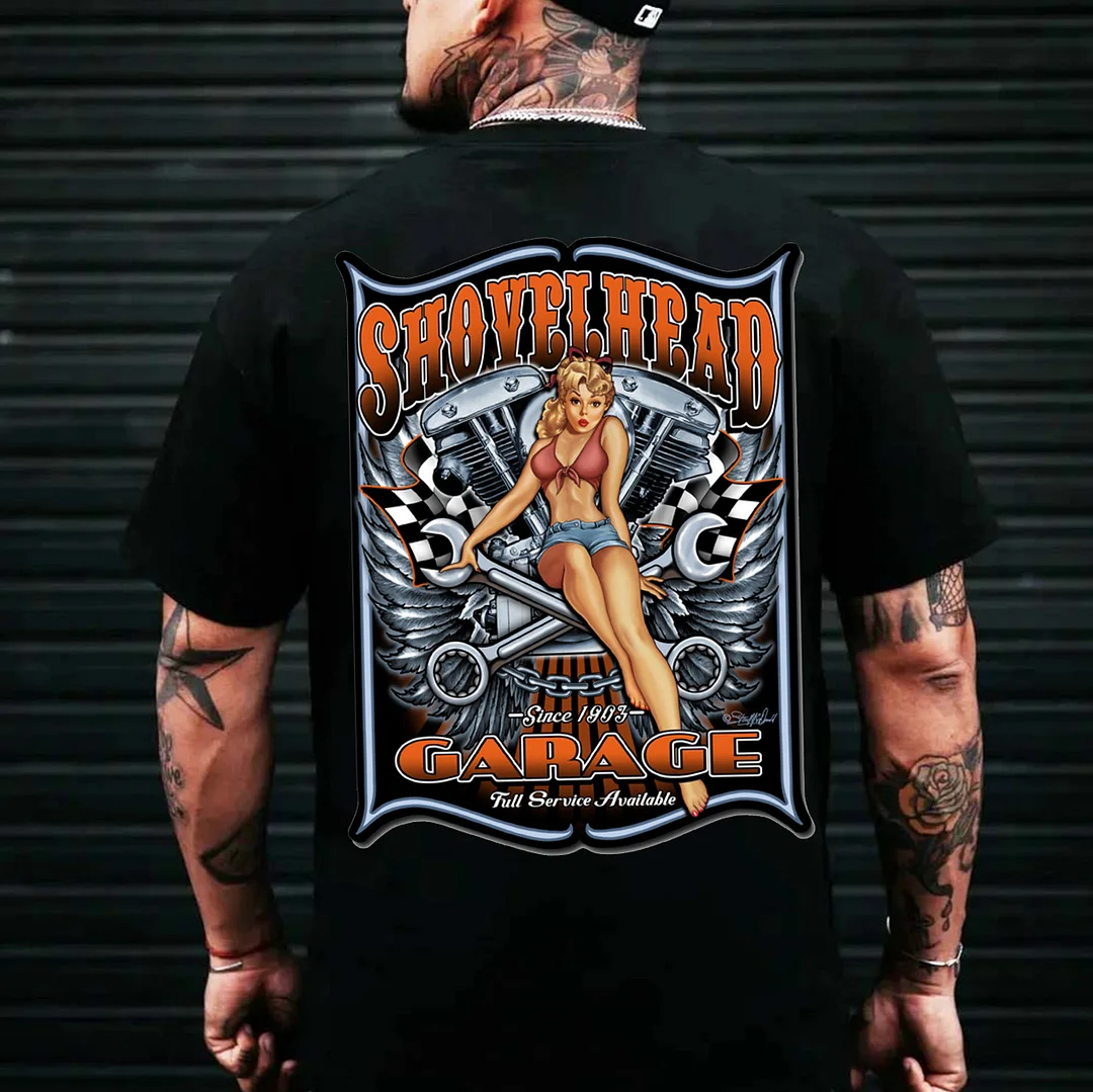 SHOVEL HEAD GARAGE Sexy Motorcycle Lady Print Men's T-shirt